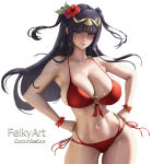 1girl 1girl 1girl alluring artist_name big_breasts bikini black_hair cleavage feikyart female_only fire_emblem fire_emblem_awakening fire_emblem_warriors hair_ornament intelligent_systems light-skinned_female light_skin long_hair purple_eyes red_swimsuit swimsuit tharja tharja_(fire_emblem) tied_hair twin_tails