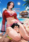 1girl big_breasts black_hair boa_hancock dominant_female huge_thighs male monkey_d._luffy one_piece thick_thighs