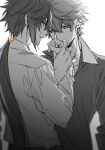 2boys blue_eyes couple duo earrings genshin_impact greyscale hair_between_eyes half-closed_eyes hand_kiss hand_up head_down holding_hands jewelry kissing kissing_hand long_hair looking_at_viewer looking_back love low_ponytail male/male male_only monochrome multiple_boys neck orange_eyes ponytail romantic romantic_couple short_hair spot_color tartaglia_(genshin_impact) tied_hair xia_(ryugo) yaoi zhongli_(genshin_impact)