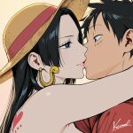 1girl black_hair boa_hancock couple earrings kissing lovers male male/female monkey_d._luffy one_piece