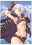 1girl 1girl alluring bikini blue_sky brown_eyes deekei fire_emblem fire_emblem_awakening fire_emblem_heroes fire_emblem_warriors intelligent_systems o-ring_bikini ocean robin_(fire_emblem) robin_(fire_emblem)_(female) silver_hair swimsuit under_boob