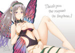 1girl alluring alternate_costume bare_legs bare_midriff big_breasts black_bikini black_one-piece_bikini breast_grab breasts_out butterfly_wings casual_one-piece_swimsuit commission crown_of_thorns facial_mark fairy fairy_wings female_only fire_emblem fire_emblem_heroes flower flower_necklace forehead_mark grabbing_own_breast grey_hair high_ponytail insect_wings intelligent_systems lactation long_hair looking_at_viewer midriff multicolored_hair nintendo nipples official_alternate_costume one-piece_bikini pink_eyes plumeria_(fire_emblem) pointy_ears ponytail sano_souichi skeb_commission smile swimsuit thorns torn_belt very_long_hair wings