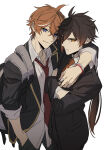 2boys ahoge arm_around_neck arm_at_side backpack bag black_hair black_jacket blue_eyes brown_hair clenched_hand closed_mouth collarbone couple crossed_arms duo earrings eyebrows_visible_through_hair genshin_impact gradient gradient_hair hair_between_eyes head_tilt hugging jacket jewelry long_hair looking_at_viewer love low_ponytail male/male male_only multicolored_hair multiple_boys neck neck_tie orange_eyes orange_hair ponytail romantic romantic_couple serious short_hair simple_background smile tartaglia_(genshin_impact) tied_hair two-tone_hair two_tone_hair white_background xia_(ryugo) yaoi zhongli_(genshin_impact)