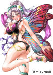 1girl 1girl 1girl alluring alternate_costume ass ass_crack back backless_outfit bare_back bare_legs bare_midriff big_ass big_breasts black_bikini black_one-piece_bikini butt_crack cleavage fairy fairy_wings female_only fire_emblem fire_emblem_heroes from_below grey_hair high_heels intelligent_systems leg_lift legs long_hair looking_at_viewer looking_down midriff multicolored_hair nintendo official_alternate_costume one-piece_bikini open_mouth plumeria_(fire_emblem) pointy_ears ponytail red_eyes sandals sideboob smile swimsuit veil very_long_hair violet_migu18 white_background wings