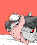 2boys arms_around_neck blindfold blindfolded censored censored_penis clothed clothed_sex clothing fushiguro_megumi jujutsu_kaisen kissing male male/male male_only open_clothes penis satoru_gojo yaoi yaoi