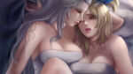 2_girls arm_at_side axsens bed big_breasts blonde_female blonde_hair blue_eyes breast_press breasts brown_eyes cleavage collarbone couple duo eye_contact fairy_tail female/female female_moaning female_only from_above grey_hair grey_tubetop hair_between_eyes half-closed_eyes incipient_kiss lips lipstick long_hair looking_at_another love lucy_heartfilia lying lying_on_bed makeup medium_breasts mirajane_strauss moaning moaning_in_pleasure multiple_girls mutual_yuri neck on_bed one_eye_closed parted_lips pink_lipstick romantic romantic_couple round_teeth short_hair silver_hair straight_hair strapless teeth tied_hair tubetop upper_body upper_teeth upper_teeth_only wince yuri