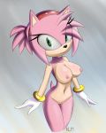  1girl amy_rose areola bracelet breasts gloves green_eyes hairband kinglikeme navel nipples nude ponytail pussy sega smile sonic_(series) 