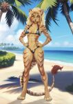 1girl beach big_ass big_breasts bikini blonde_hair feline hybrid kaoru_(artist) lion lioness long_ears long_hair mifa_(artist) muscular_female posing sand sea seductive seductive_smile sexy tail tiger