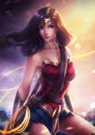 1girl amazon arm_support arms_at_sides axsens bangs bare_legs bare_shoulders big_breasts black_hair blue_eyes blue_skirt bracer breasts closed_mouth collarbone day dc_comics dcau diana_prince female_only female_solo floating_hair heroine jewelry justice_league justice_league_(2017_film) lasso_of_truth legs lens_flare lips lipstick long_hair looking_at_viewer makeup medium_breasts miniskirt neck outside parted_bangs pink_lipstick red_tubetop sitting skirt smile straight_hair strapless sunlight superhero_costume superheroine themysciran tiara tubetop wonder_woman wonder_woman_(2017_film) wonder_woman_(series)