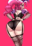 1girl ass blue_eyes female female_only fishnet_stockings friendship_is_magic garter_straps humanized kneepits long_hair long_pink_hair looking_at_viewer my_little_pony panties partially_clothed pink_hair pinkie_pie pinkie_pie_(mlp) solo standing stockings