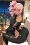 1girl ai_generated bodysuit curvy curvy_female curvy_figure dark-skinned_female night pink_hair ponytail