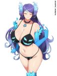 1girl 1girl alluring ass bare_shoulders big_breasts big_breasts blue_bikini blue_hair blue_swimsuit boots brighid_(xenoblade) cleavage closed_eyes collar core_crystal curvy female_only fiery_hair fire grin halloween high_res highlights kaos_art midriff milf monolith_soft navel nintendo purple_hair smile stockings swimsuit thick_thighs thigh_high_boots thighs xenoblade_(series) xenoblade_chronicles_2