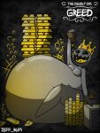 1boy big_belly black_sclera coins crown eating_coins fat_male gold gold_(metal) grey_body jeff_3695 king male male_focus male_only money plump seven_deadly_sins_(concept) solo_male