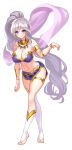 1girl 1girl absurd_res alluring alternate_costume armlet asymmetrical_legwear bare_legs barefoot big_breasts blue_eyes blush bracelet cleavage dancer earrings feet female_focus fire_emblem fire_emblem:_genealogy_of_the_holy_war fire_emblem_heroes full_body grey_hair harem_outfit high_res intelligent_systems ishtar_(fire_emblem) jewelry long_hair looking_at_viewer midriff navel necklace nez-box nintendo pelvic_curtain ponytail purple_hair slave smile standing stockings thighlet toeless_legwear toes veil very_long_hair white_background