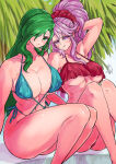 1girl 2_girls :o :p alluring alternate_costume annand_(fire_emblem) arm_behind_head ass bare_legs big_ass big_breasts bikini blue_bikini blue_one-piece_bikini cleavage earrings female_only fire_emblem fire_emblem:_genealogy_of_the_holy_war green_eyes green_hair intelligent_systems large_ass legs licking_lips long_hair looking_at_viewer multiple_girls naughty_face nintendo one-piece_bikini open_mouth outside palm_tree pink_eyes pink_hair ponytail red_bikini sideboob sitting swimsuit ta_dasu_(tadasu_hayashi) tailtiu_(fire_emblem) thick_thighs tongue tongue_out tree under_boob very_long_hair