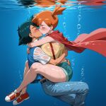 1boy 1boy1girl 1girl ai_generated aioddity black_hair blush breasts bubbles cape closed_eyes female from_side full_body huge_breasts hugging kasumi_(pokemon) kissing leg_lock male nintendo orange_hair pants pokemon pokemon_(anime) satoshi_(pokemon) shirt shoes short_sleeves side_ponytail sleeveless suspenders underwater wet_clothes