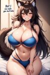 anime_style big_breasts bikini brown_hair curvy_figure golden_eyes wolf_girl