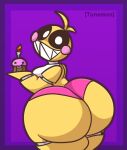 1girl animatronic anthro artist_name ass big_ass black_sclera bottomwear candle cheek_spots chicken clothing cupcake cupcake_(fnaf) duo five_nights_at_freddy's five_nights_at_freddy's_2 food looking_at_viewer looking_back looking_back_at_viewer machine pink_bottomwear pink_clothing robot scottgames sharp_teeth solo_focus teeth text toy_chica_(fnaf) tunemon white_eyes yellow_body