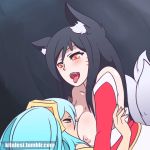 >_< 1:1_aspect_ratio 1girl 2_girls ahri animal_ears areola big_breasts black_hair blue_hair blush bouncing_breasts breast_smother breasts closed_eyes facial_mark fox_tail gif kilalesi kilalesi_(artist) league_of_legends multiple_girls naughty_face nipples riot_games saliva sex sona_buvelle tail tied_hair tongue tongue_out twin_tails yellow_eyes yuri