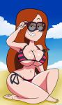 1girl 1girl 1girl adjusting_eyewear adjusting_glasses alternate_version_available barefoot beach bean_smile big_breasts big_breasts big_breasts bikini black_eyes breasts cleavage curvy disney_channel feet female_focus female_only freckles gravity_falls hourglass_figure kneel long_hair looking_at_viewer navel outside red_hair roco340 shiny_breasts smile straight_hair striped_bikini sunglasses tinted_eyewear wendy_corduroy wide_hips