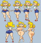 1girl 1girl 1girl 2d areola ass barefoot belt belt_buckle big_breasts blonde_hair blue_eyes breasts clothed clothed_female clothing color completely_nude curvy eyebrows eyelashes female_only full_body full_color green_shirt hair half-closed_eyes hand_on_hip hourglass_figure huge_ass layered_clothing midriff multiple_views naked_female narrow_waist navel nintendo nipples nude nude nude_female pilotwings_64 pointy_nose pumps pussy red_belt red_pumps red_shoes robin_(pilotwings) shoes short_shorts shorts simple_background slim_waist smile solo_female stealth_brock thick_thighs white_shirt wide_hips