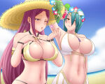 2_girls abs alluring amezuku arm_behind_head arm_up bare_shoulders beach big_breasts bikini blowing_kiss braid circlet cleavage cloud cloudy_sky fire_emblem fire_emblem_heroes flower gold_trim hair_ornament hand_on_own_chest hat head_wreath intelligent_systems jewelry lips loki_(fire_emblem) loki_(summer)_(fire_emblem) long_hair looking_at_viewer multiple_girls navel nintendo ocean one_eye_closed open_mouth purple_bikini purple_eyes purple_hair shell shell_hair_ornament siblings silf silfs sisters skindentation sky smile straw_hat swimsuit teal_hair thorr_(fire_emblem) thorr_(summer)_(fire_emblem) white_bikini yellow_eyes