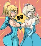 2_girls bigdead93 blonde_hair blue_dress blue_eyes blush breast_envy breasts comparing_breasts female_only metroid nintendo nipples open_clothes princess_rosalina rosalina rosalina_(mario) samus_aran super_mario_bros. super_mario_galaxy super_smash_bros. yellow_hair zero_suit