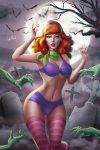 1_girl 1girl bats bra daphne_blake female female_human full_moon graveyard hairband human looking_at_viewer mostly_nude night outdoor outside panties purple_bra purple_hairband purple_panties red_hair redhead scooby-doo stockings striped_legwear striped_stockings zombie