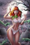 1_girl 1girl bats bra daphne_blake female female_human full_moon graveyard hairband human looking_at_viewer mostly_nude night outdoor outside panties polka_dot polka_dot_bra polka_dot_panties purple_hairband red_hair redhead scooby-doo zombie