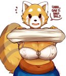 1girl aggressive_retsuko anthro belly big_breasts blush bra breasts clothing furry mammal navel queenchikkbug red_panda retsuko slightly_chubby text underwear undressing