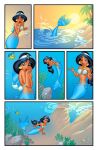  1girl aladdin_(series) alternate_species bikini_top bra breasts comic crossover dark-skinned_female dark_skin disney female female_focus fish flounder humanoid lipstick marine mermaid navel ocean princess_jasmine sea shell shell_bikini shell_bra small_breasts suprised swimming tackthecobbler1 the_little_mermaid topless underwater wardrobe_malfunction water 