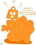  1girl 2016 ? animate_inanimate anthro barefoot breasts buddythesketcher english_text featureless_breasts feet foot_focus humanoid humanoid_feet looking_at_viewer navel nintendo nintendo_3ds not_furry orange_skin shopping_bag shopping_bag_(3ds) shrug signature simple_background soles text toes toony video_games 