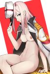 1girl big_breasts breasts coat coat_on_shoulders darling_in_the_franxx green_eyes hairband hentaki horns long_hair looking_at_viewer naked_coat nipples onehitdied pink_hair solo white_coat white_hair_ornament white_hairband zero_two_(darling_in_the_franxx)