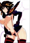 1girl 1girl 1girl archway_of_venus areola ass big_breasts black_legwear black_panties black_thighhighs black_underwear blush breasts brown_eyes brown_hair cameltoe cosplay frontal_wedgie g-string gluteal_fold haruhisky high_resolution hourglass_figure kamui_(kill_la_kill) kill_la_kill light-skinned_female looking_at_another matoi_ryuuko matoi_ryuuko_(cosplay) micro_panties midriff navel nipples no_bra panties senketsu simple_background slender_waist stockings stomach suzumiya_haruhi suzumiya_haruhi_no_yuuutsu teen thick_thighs thighs thong underwear very_high_resolution white_background wide_hips