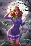 1_girl 1girl bats clothed daphne_blake dress female female_human full_moon graveyard hairband human looking_at_viewer night outdoor outside purple_dress purple_hairband red_hair redhead scooby-doo zombie