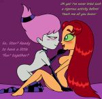 2_girls choker dc_comics dcau elbow_gloves female_only green_eyes jinx nude purfectprincessgirl red_hair starfire stockings teen_titans yuri