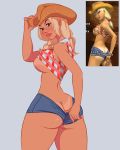  1girl blonde_hair comparison cowboy_hat hiacinthy hot_pants hotpants leisure_suit_larry looking_at_viewer looking_down picture_in_picture sally_mae_beauregard sideboob tan_line tanned twin_tails under_boob 