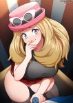 1_boy 1_girl 1boy 1girl alluring ash_ketchum big_breasts black_legwear blonde blonde_hair blue_eyes clothed day erection_under_clothes female female_human hat human human/human imminent_sex looking_at_partner looking_at_viewer male male/female male_human neocoill penis_grab_under_clothes pink_panties pokemon pokemon_character protagonist_(pokemon) satoshi_(pokemon) seductive_look seductive_smile serena serena_(pokemon) stockings sunglasses