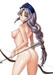 1girl 1girl 1girl arched_back arrow ass bangs bare_back bare_shoulders big_breasts bow_(weapon) braid breasts cowboy_shot cross hat holding holding_weapon kaori_hero kaorihero lips long_hair looking_back nipples nude orange_eyes parted_bangs parted_lips sideboob silver_hair simple_background single_braid tied_hair touhou very_long_hair weapon white_background yagokoro_eirin