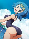 1girl ass blue_eyes blue_hair cute hot lana looking_at_viewer looking_back ocean pokemon pokemon_sm sexy short_hair slugbox smile swimsuit