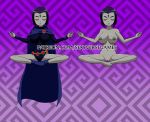  1girl amonzone big_breasts breasts cloak completely_nude dc_comics female_only forehead_jewel indian_style leotard meditation midair nude purple_eyes purple_hair raven_(dc) short_hair sitting teen_titans 