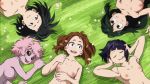 16:9_aspect_ratio 1girl 6+girls ashido_mina asui_tsuyu black_hair blush_stickers breasts brown_hair cherry_blossom closed_eyes grass hagakure_tooru jirou_kyouka lying medium_breasts multiple_girls my_hero_academia nipples nude_filter photoshop pink_hair pink_skin purple_hair sideboob small_breasts smile topless uraraka_ochako yaoyorozu_momo