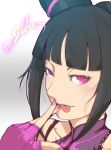  :p black_hair blush bust capcom close-up drill_hair face finger_to_mouth fingerless_gloves gloves halter_top halterneck hands inugami_mokekiyo juri_han nail_polish pink_nails purple_eyes solo street_fighter tongue tongue_out twin_drills upper_body violet_eyes 