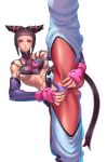  abs ass breasts brown_hair capcom cosine detached_sleeves drill_hair elbow_gloves fingerless_gloves flexible gloves halter_top halterneck han_juri highres leg_lift leg_up nail_polish pink_eyes pink_nails short_hair sideboob solo standing standing_on_one_leg street_fighter street_fighter_iv twin_drills 