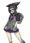 1girl backpack bag black_hair capcom hair hair_ornament hairpin juri_han kneehighs legs pout purple_eyes randoseru ribbon riry school_uniform short short_hair skirt solo street_fighter street_fighter_iv thighhighs twintails zettai_ryouiki