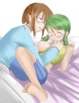  2girls adult bangs barefoot blush breast_grab breast_slip breasts brown_hair casual chemical-x closed_eyes drill_hair freckles glasses grabbing green_hair hair kanaria kusabue_mitsu looking_at_another mitsu_kusabue multiple_girls nipples older on_bed one_breast_out rozen_maiden sakurada_nori short_hair smile sweat yuri 