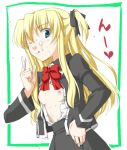 1girl blonde_hair blue_eyes breasts cum cum_on_body cum_on_breasts cum_on_upper_body decarabi facial flat_chest hair_ribbon hair_ribbons heart licking long_hair nipples one_eye_closed open_clothes open_shirt quiz_magic_academy ribbon ribbons school_uniform serafuku shalon shirt solo wink