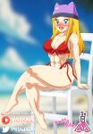  1girl alluring athletic_female beach blonde_hair cleavage crossed_legs digimon digimon_frontier female_abs fit_female izumi_orimoto ocean orimoto_izumi orimoto_zoe pk-studios pretty_kute sitting zoe_orimoto 