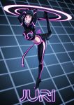  1girl black_hair bodysuit capcom chakram character_name crossover daniel_macgregor disc_(tron) disney flexible glowing glowing_eye grin juri_han midriff neon_trim parody pun purple_eyes skin_tight smile solo standing_on_one_leg street_fighter street_fighter_iv tron twintails weapon 