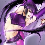 1girl armpits breasts capcom fingerless_gloves flexible gloves glowing glowing_eye glowing_eyes halter_top halterneck jeanne_virak juri_han lips nail_polish purple purple_background purple_eyes solo street_fighter street_fighter_iv twintails underboob